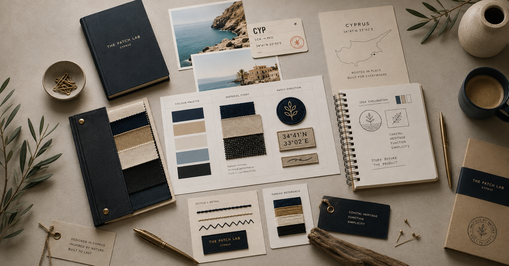 The Patch Lab Cyprus identity-built headwear design system with symbols, colour details and story-built materials