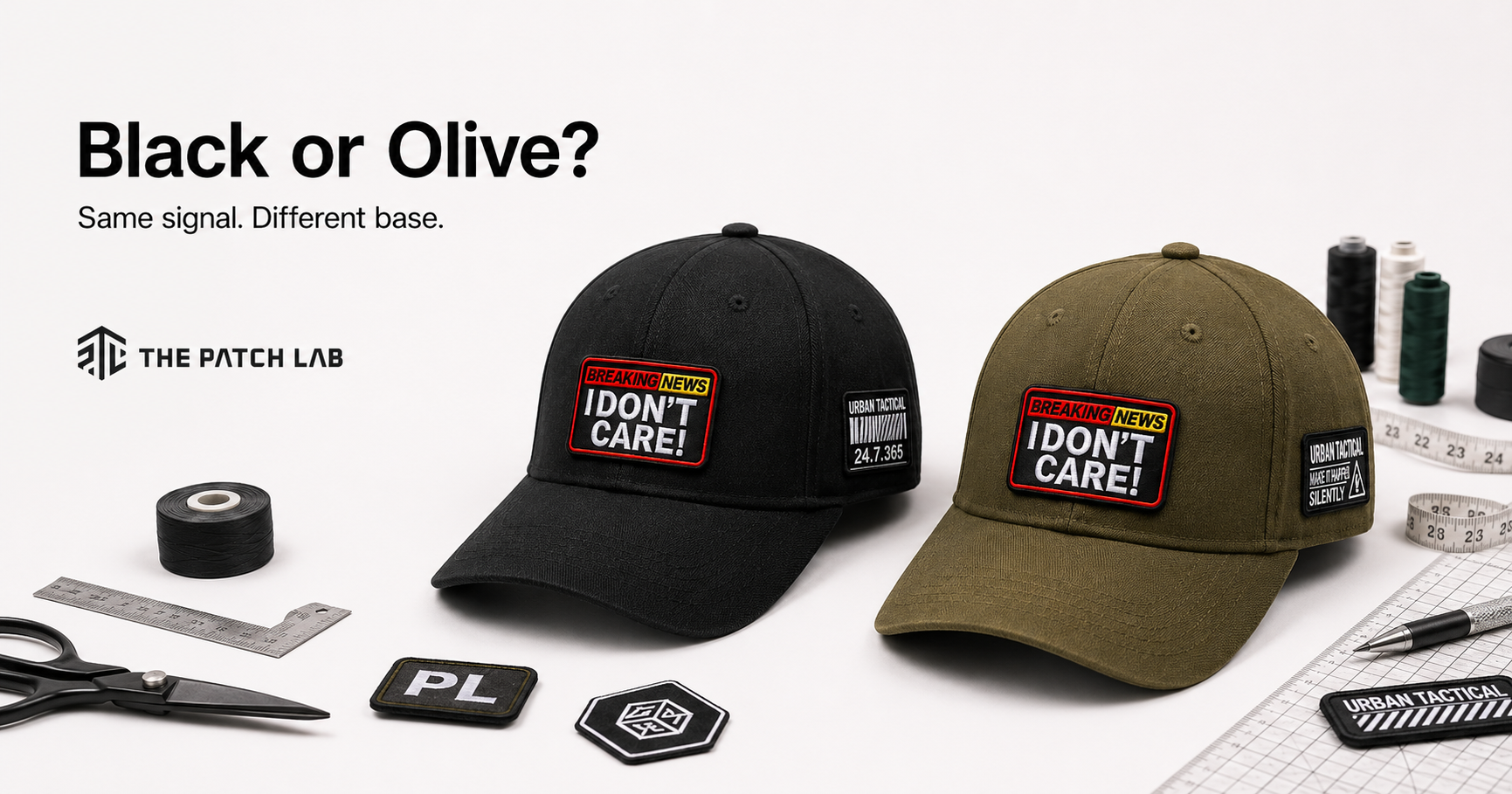 Hands building a The Patch Lab cap with selected patches and personal design details in Cyprus.
