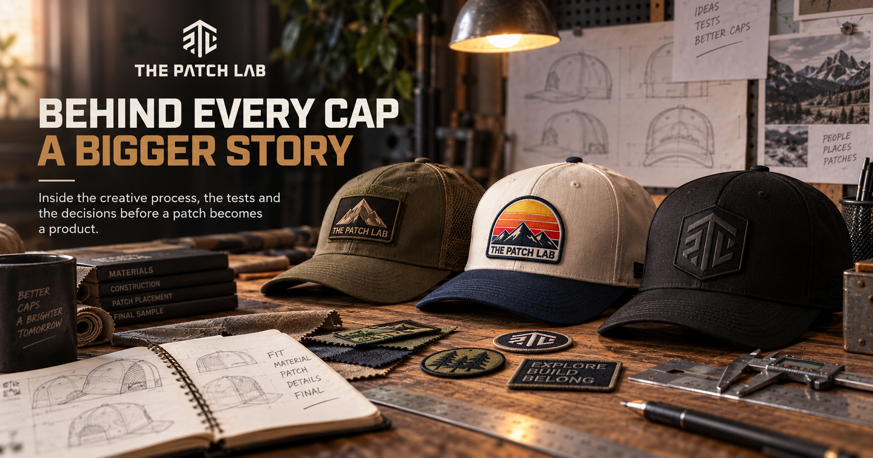The Patch Lab custom patch cap design process in Cyprus, showing three cap concepts, embroidered patches, sketches, measuring tools and product development details in the workshop.